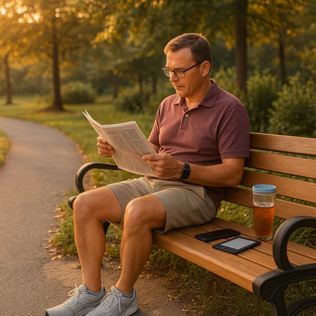 A man in a maroon polo and khaki shorts sits on a wooden park bench at sunset, reading a newspaper. A tumbler of iced tea, a smartphone, and two e-readers rest on the bench; a curving paved path and green trees glow in warm light