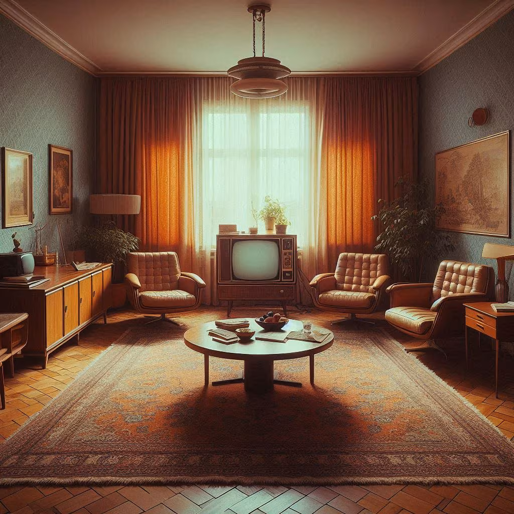 1970 Living room with TV , brown swivel chars and tables