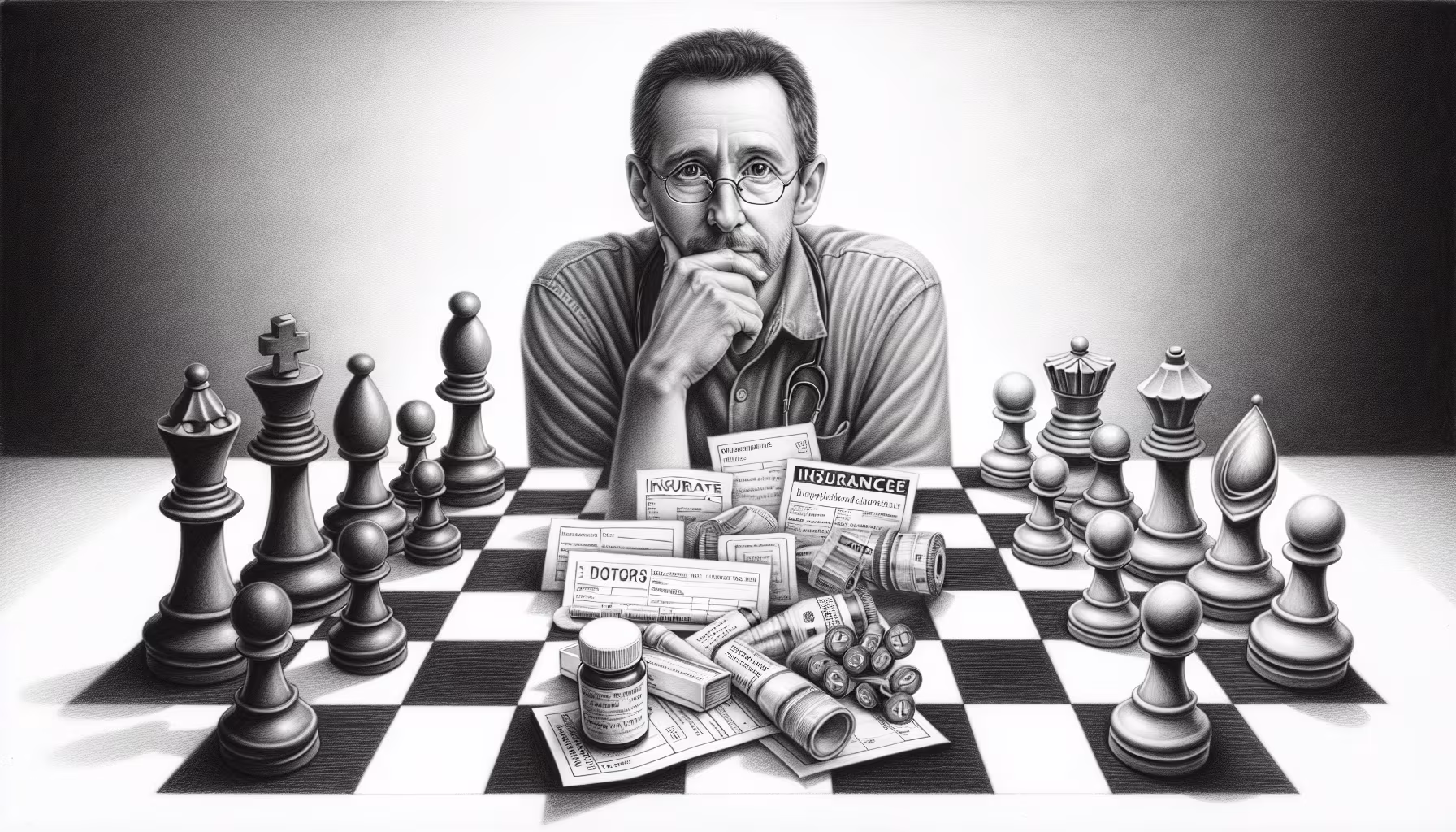 A black and white illustration depicting a middle-aged man with glasses, sitting thoughtfully at a chessboard that spans the width of the image. The chessboard cleverly represents two sides: one filled with chess pieces, and the other cluttered with medical and insurance-related items like pill bottles, insurance forms, and money. The man appears contemplative, resting his chin on his hand, symbolizing a strategic or critical decision-making scenario, possibly about healthcare or financial issues. The background is a simple gradient, focusing attention on the central elements.