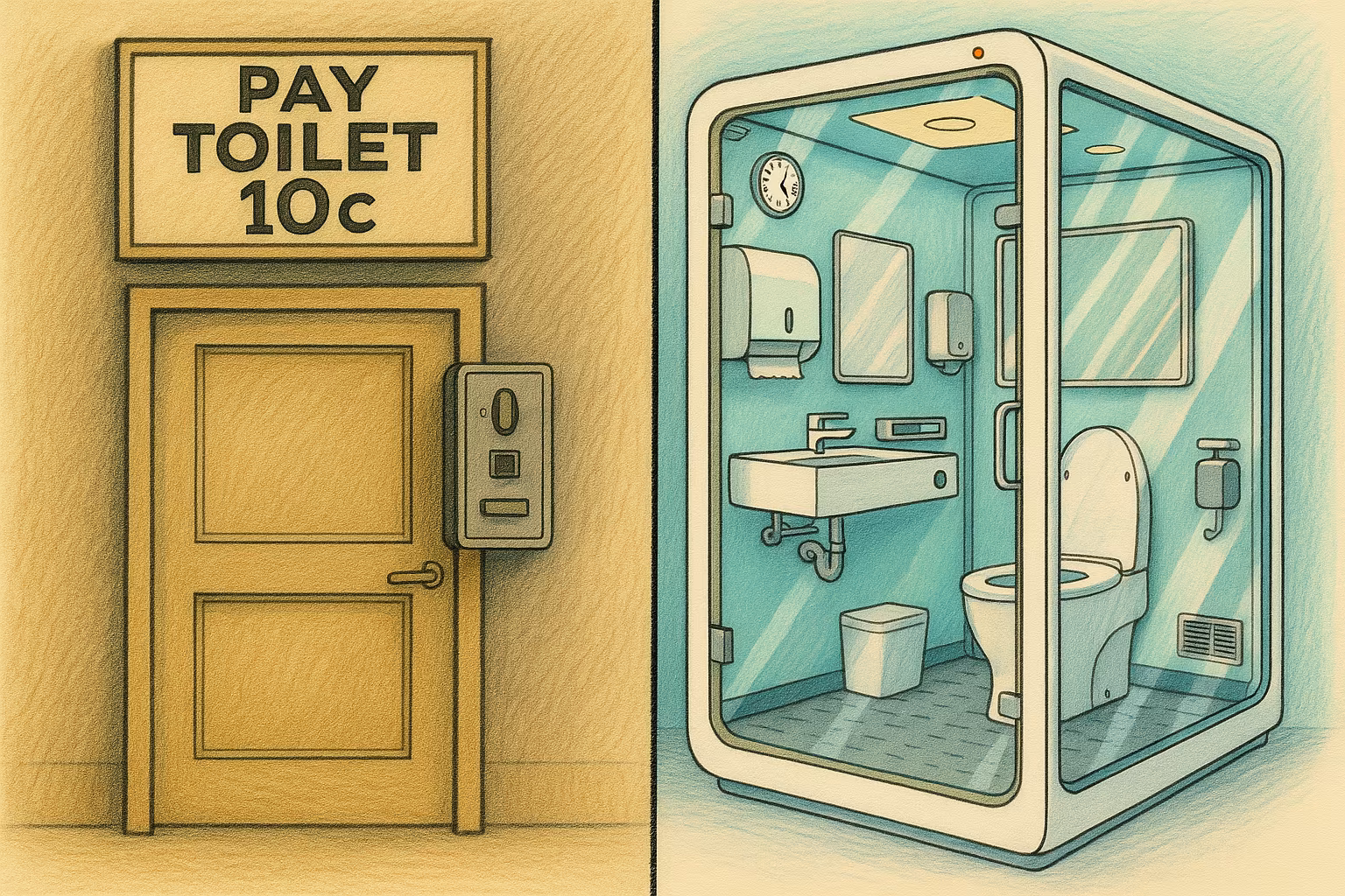 Illustration of a pay toilet with a coin-operated door and a sign reading "PAY TOILET 10c" next to a detailed interior view.