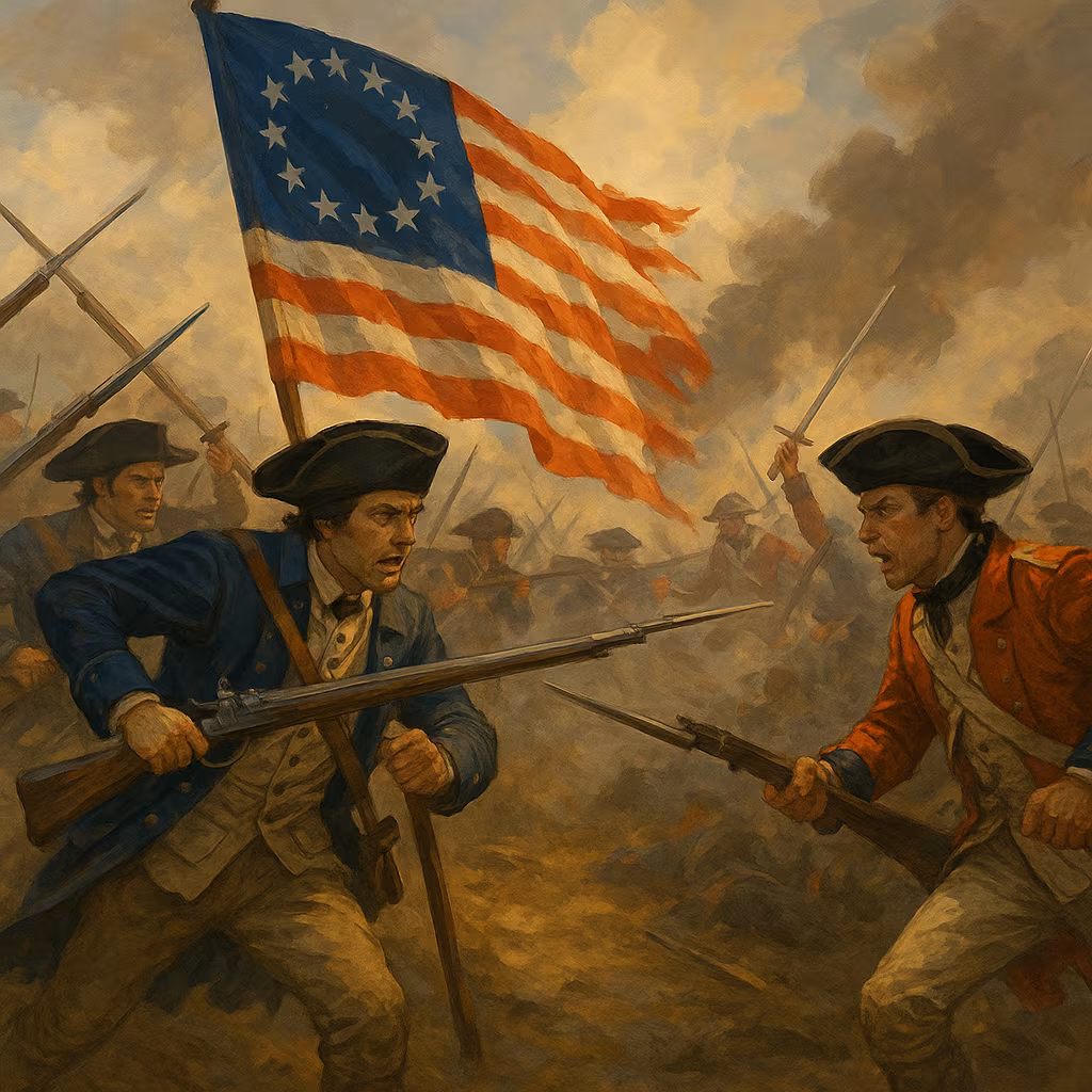 Painting of an intense Revolutionary War battle scene showing American Continental Army soldiers clashing with British Redcoats. An American soldier at the center holds a Betsy Ross flag high as smoke and chaos fill the battlefield, with bayonets drawn and expressions of determination on both sides.