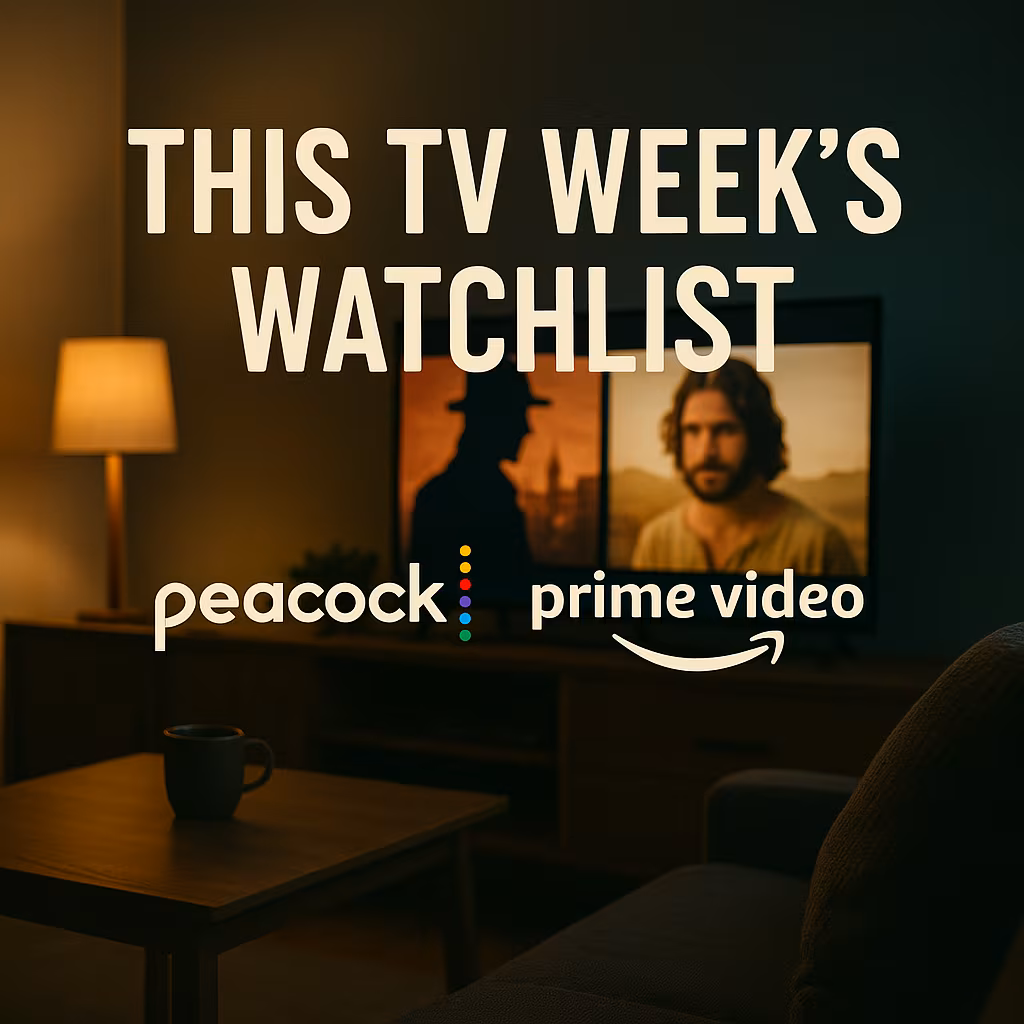 A cozy living room at night with a TV glowing softly, streaming interface on screen. Light nods to British espionage and biblical themes in the background—European cityscape silhouettes and a desert sunrise. Peacock and Prime Video logos appear subtly in the corners, evoking a relaxed, thoughtful mood for a blog post about TV streaming during recovery.