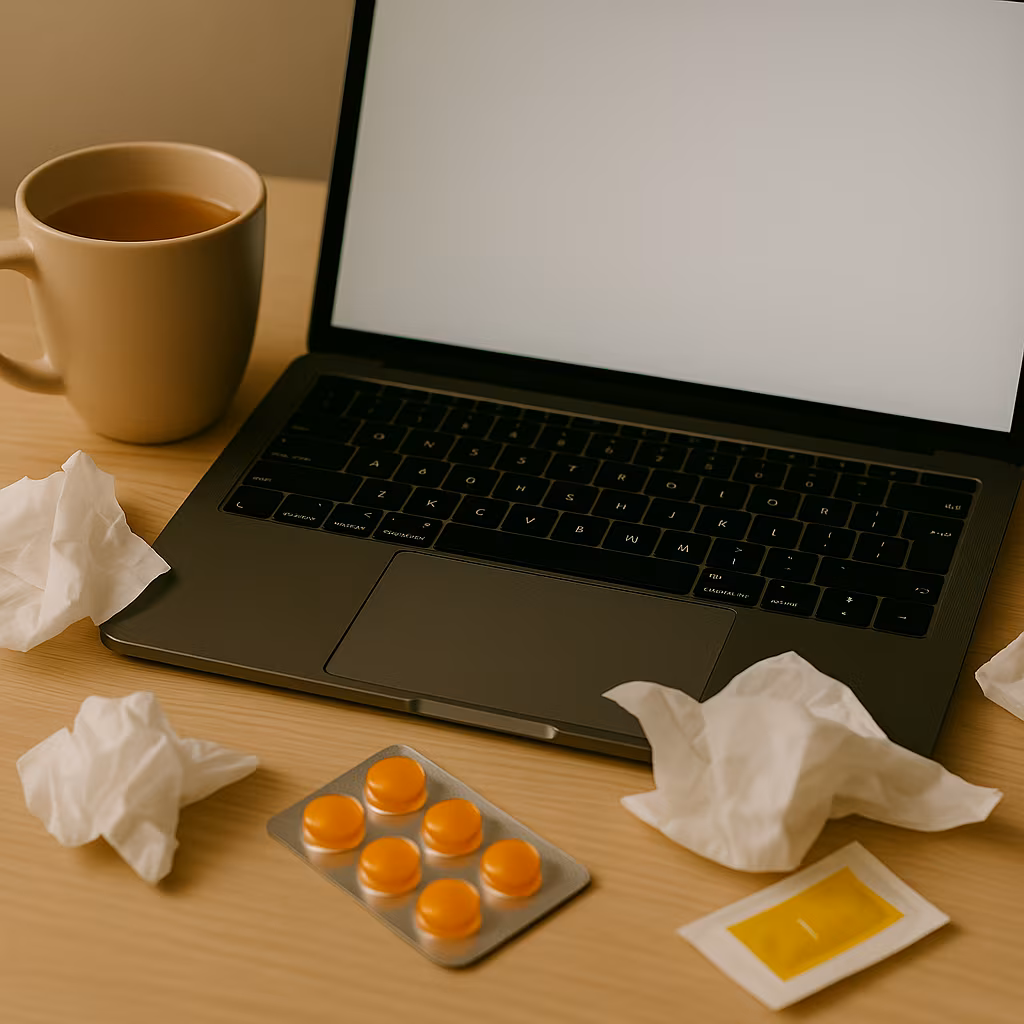 Auto-generated description: A laptop is open on a wooden table with a cup of tea, scattered tissues, medication, and a small packet beside it.