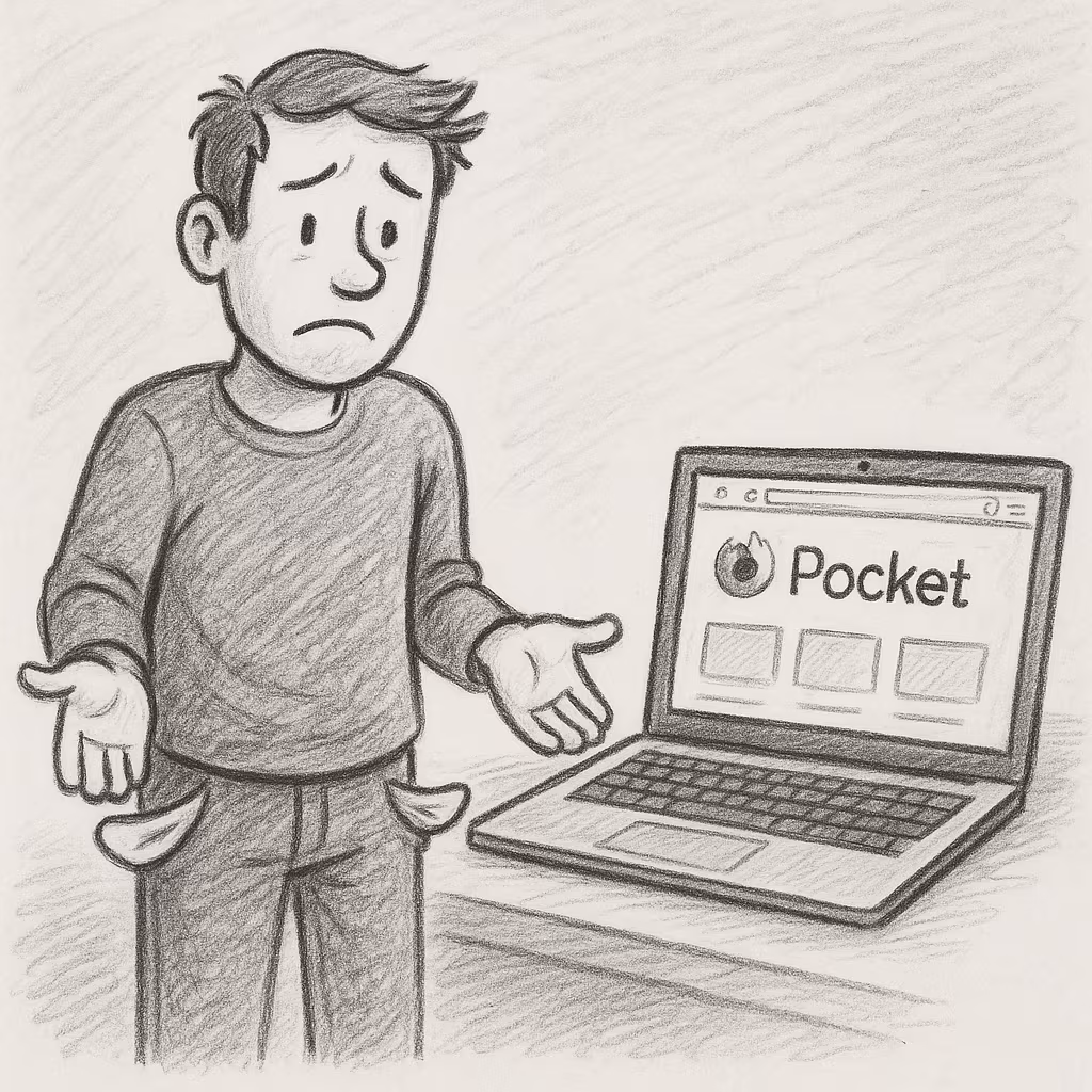 Sketch of a man shrugging with empty pockets in front of a laptop showing Pocket in Firefox