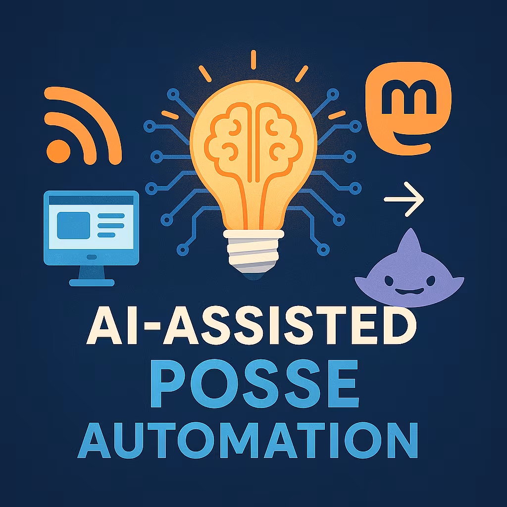 Illustration of AI-assisted POSSE automation, featuring a glowing lightbulb with a brain-shaped filament at the center, symbolizing AI. Surrounding it are icons for RSS, blogging, Micro.blog, and Sharkey, arranged on a dark blue background in a modern, tech-inspired style.