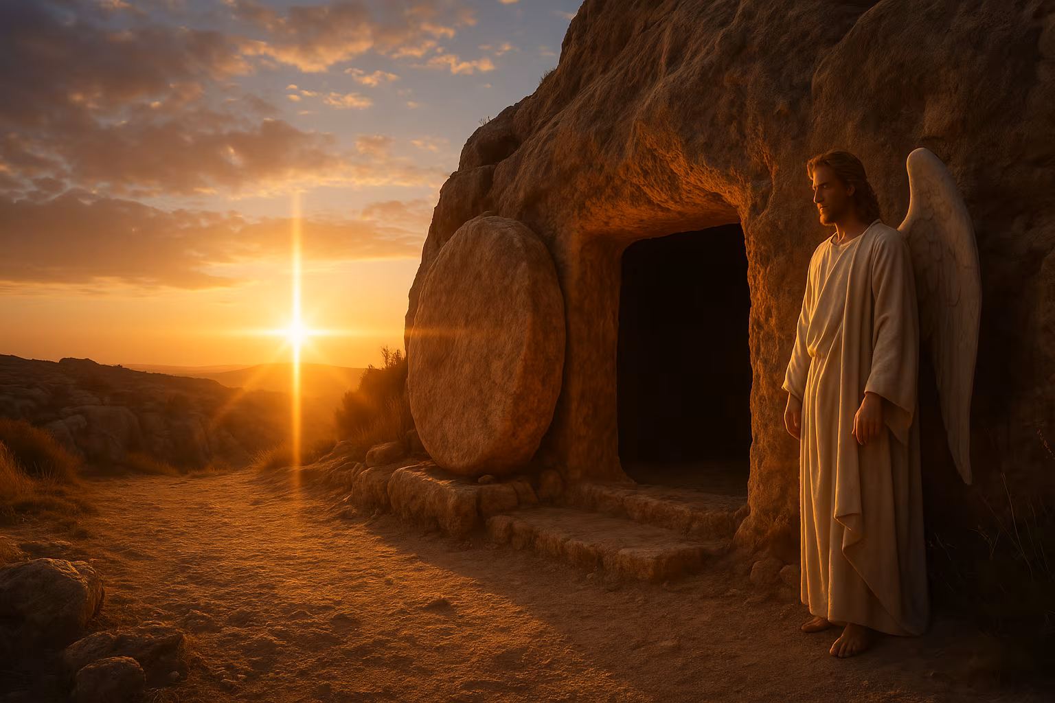 Sunrise over an empty stone tomb with a cross illuminated by sun flare and a male angel standing nearby. Luke 24:6 — He is not here, but has risen.