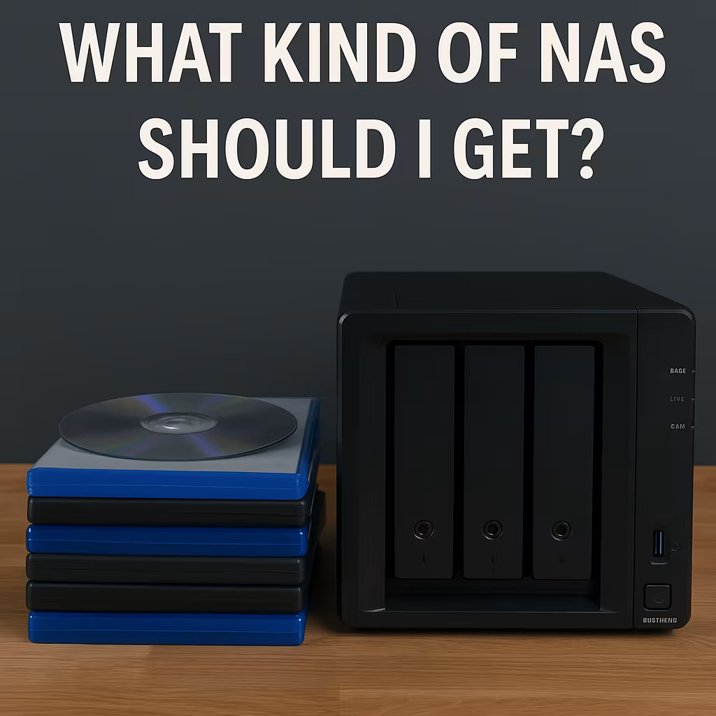 A stack of DVDs placed beside a black NAS device under the question 'What kind of NAS should I get?'