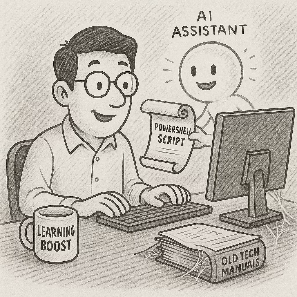 Cartoon of a man at a computer receiving a “PowerShell Script” from a glowing AI assistant, with a “Learning Boost” mug and dusty tech manuals nearby.