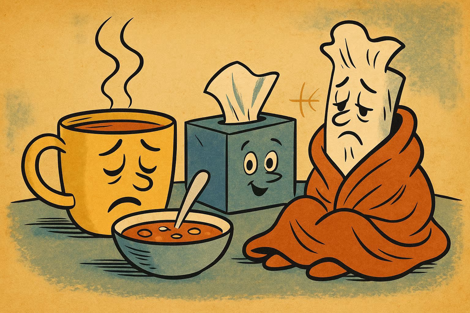 A sad, steaming cup, a bowl of soup, a cheerful tissue box, and a tissue wrapped in a blanket are depicted in a cartoon style.