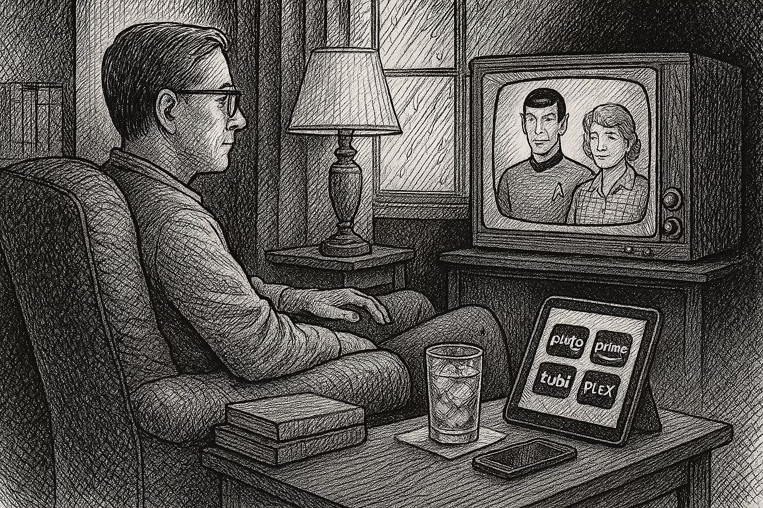 Black-and-white ink drawing of a man in an armchair watching a vintage TV; rain on the window, lamp glow, single side table holding stacked DVDs, a glass of iced tea with visible cubes, a tablet with streaming icons, and a smartphone