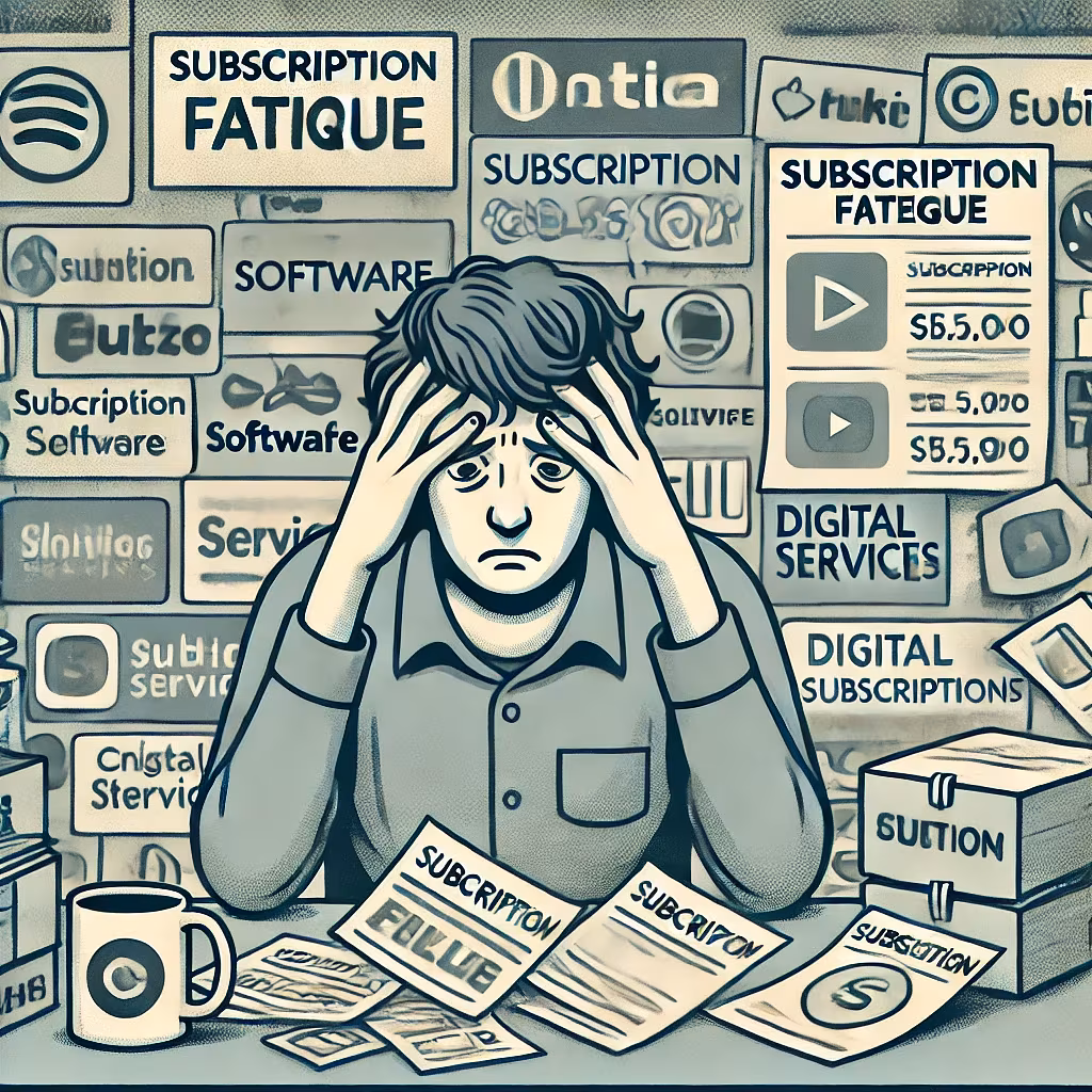 Auto-generated description: A person looks stressed and overwhelmed surrounded by numerous subscription service logos and papers.