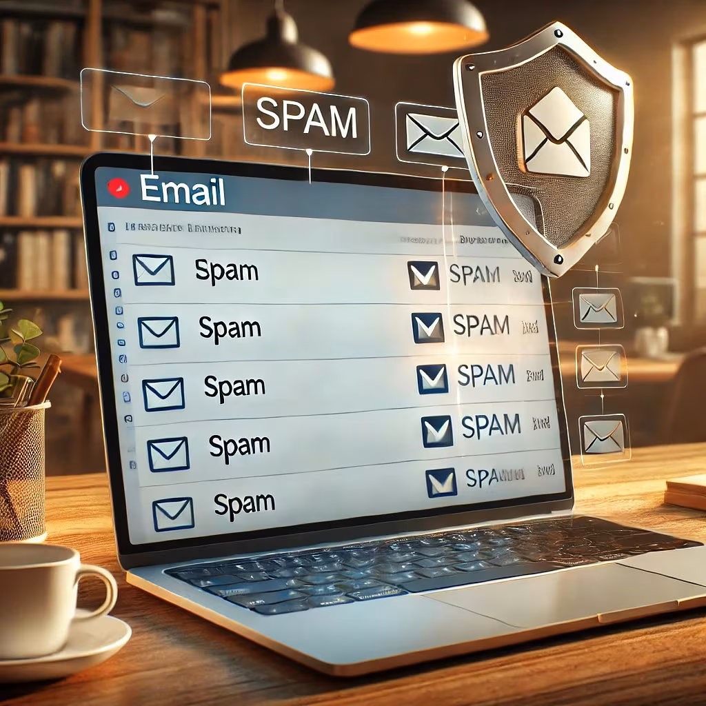 A realistic image of a modern email interface displayed on a laptop screen in a home office setting. The inbox appears clean and organized, with a vis