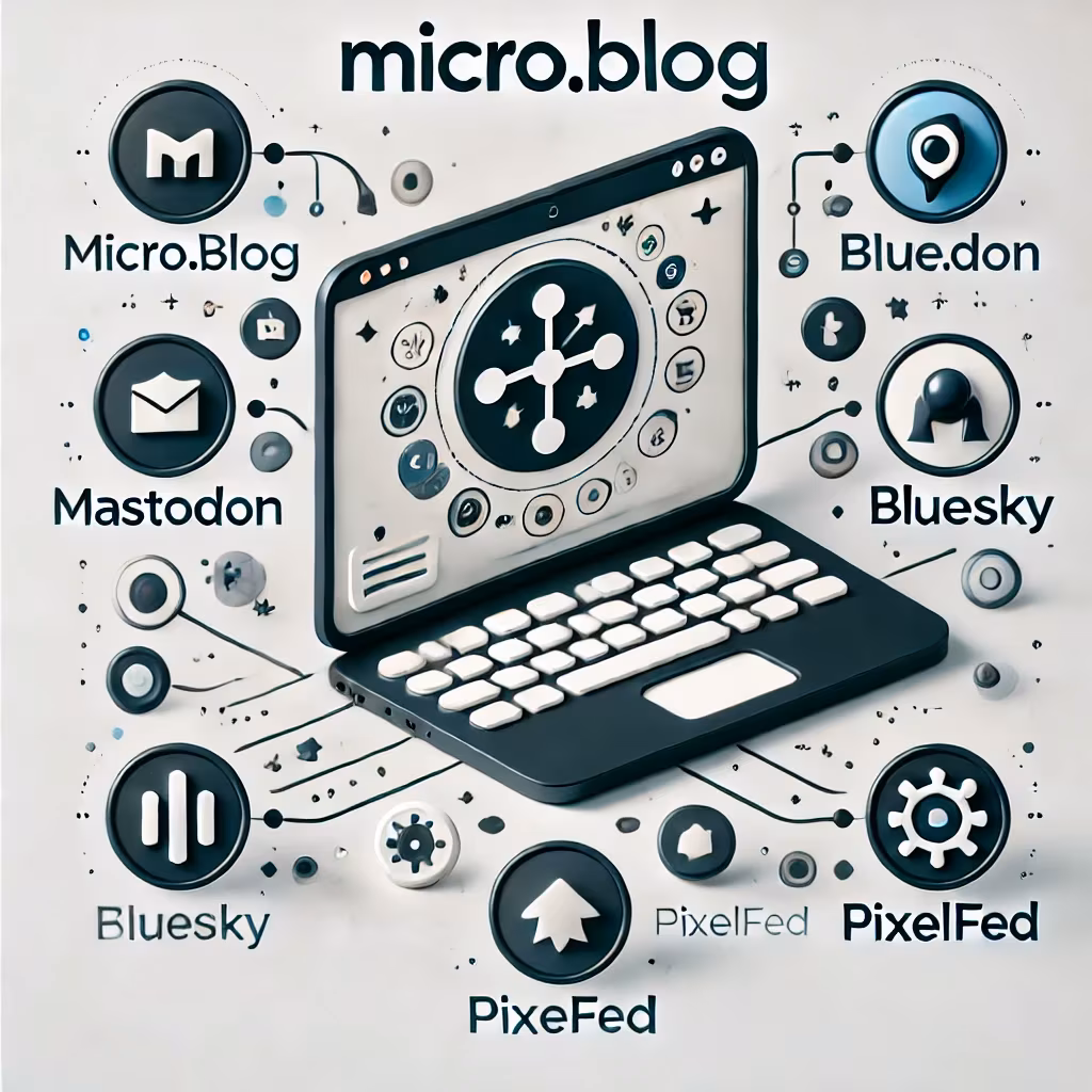 Illustration of Micro.blog integrating with Mastodon, Bluesky, and Pixelfed