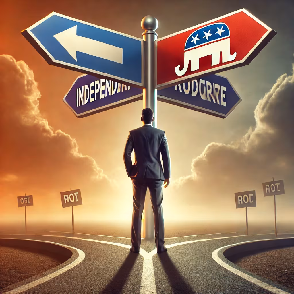 Auto-generated description: A person stands at a crossroads with directional signs displaying political symbols and affiliations, contemplating different political paths.