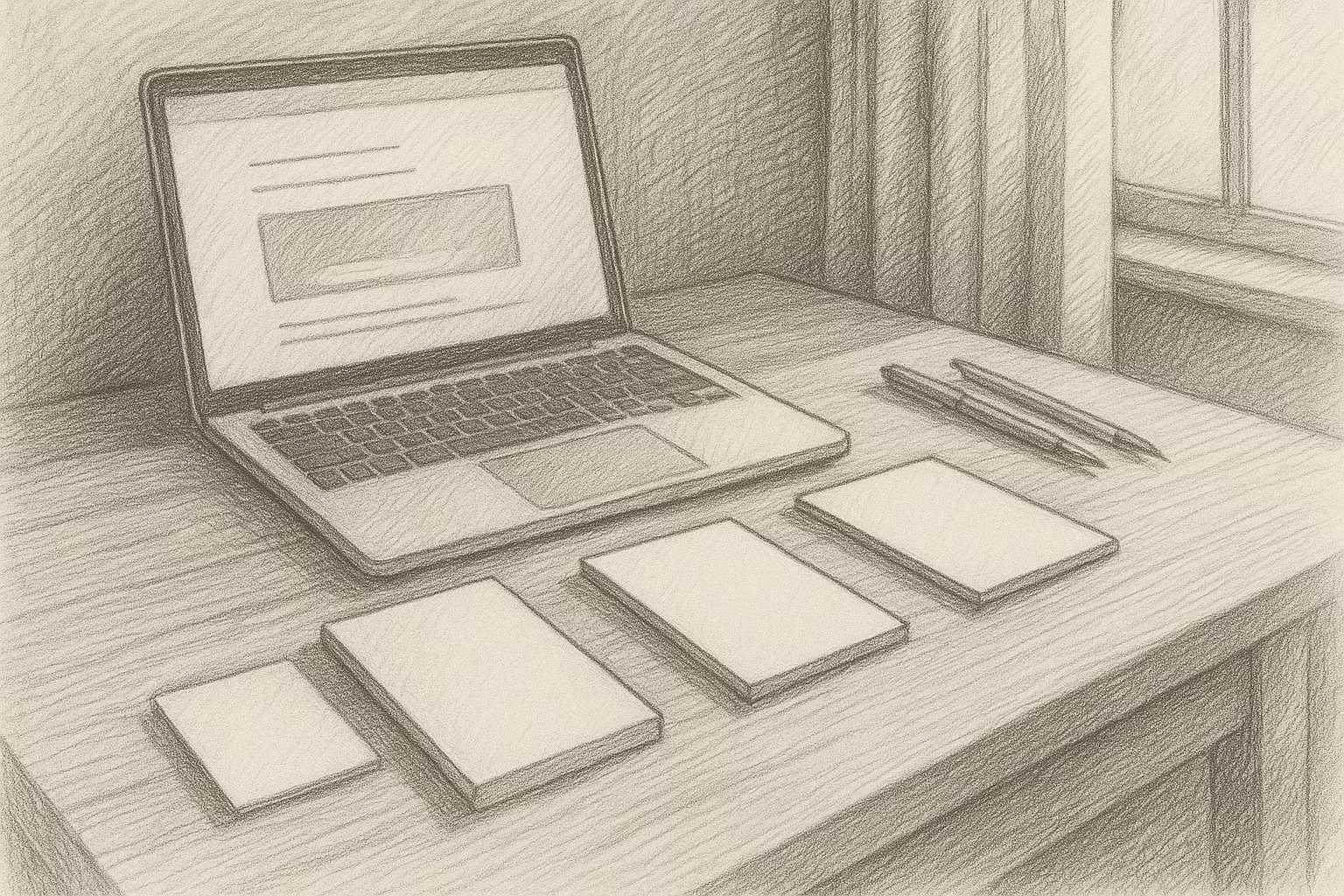 A laptop and several blank cover cards on a desk, symbolizing choosing a blog’s feature image.