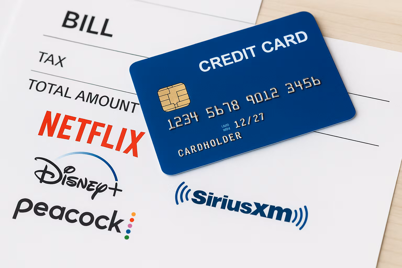 A close-up photo shows a blue credit card with a gold chip resting on a printed bill. Logos for Netflix, Disney+, Peacock, and SiriusXM are clearly visible on the sheet. The text "BILL," "TAX," and "TOTAL AMOUNT" appear above the logos, symbolizing the cumulative cost of multiple streaming subscriptions.