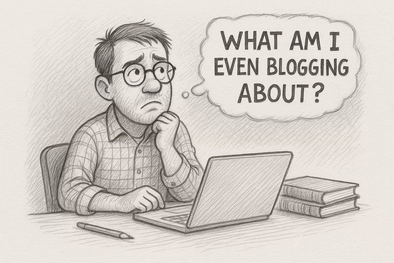 Hand-drawn black-and-white pencil illustration of a thoughtful man sitting at a desk with a laptop and books. He looks puzzled, resting his chin on his hand, with a speech bubble above his head that reads, “What am I even blogging about?” The drawing features detailed line work and subtle cross-hatching for shading.