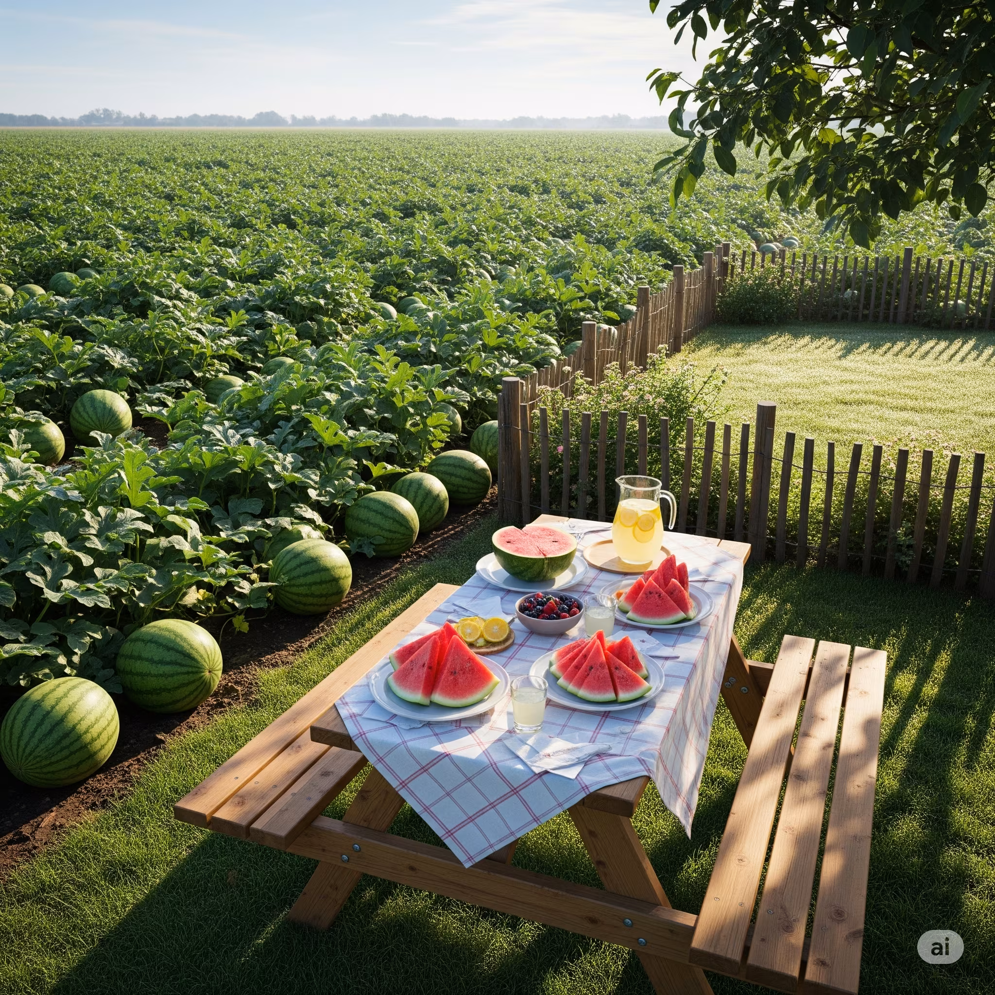 Auto-generated description: A picnic table with watermelon slices, drinks, and fruit salad is set near a fenced watermelon field.