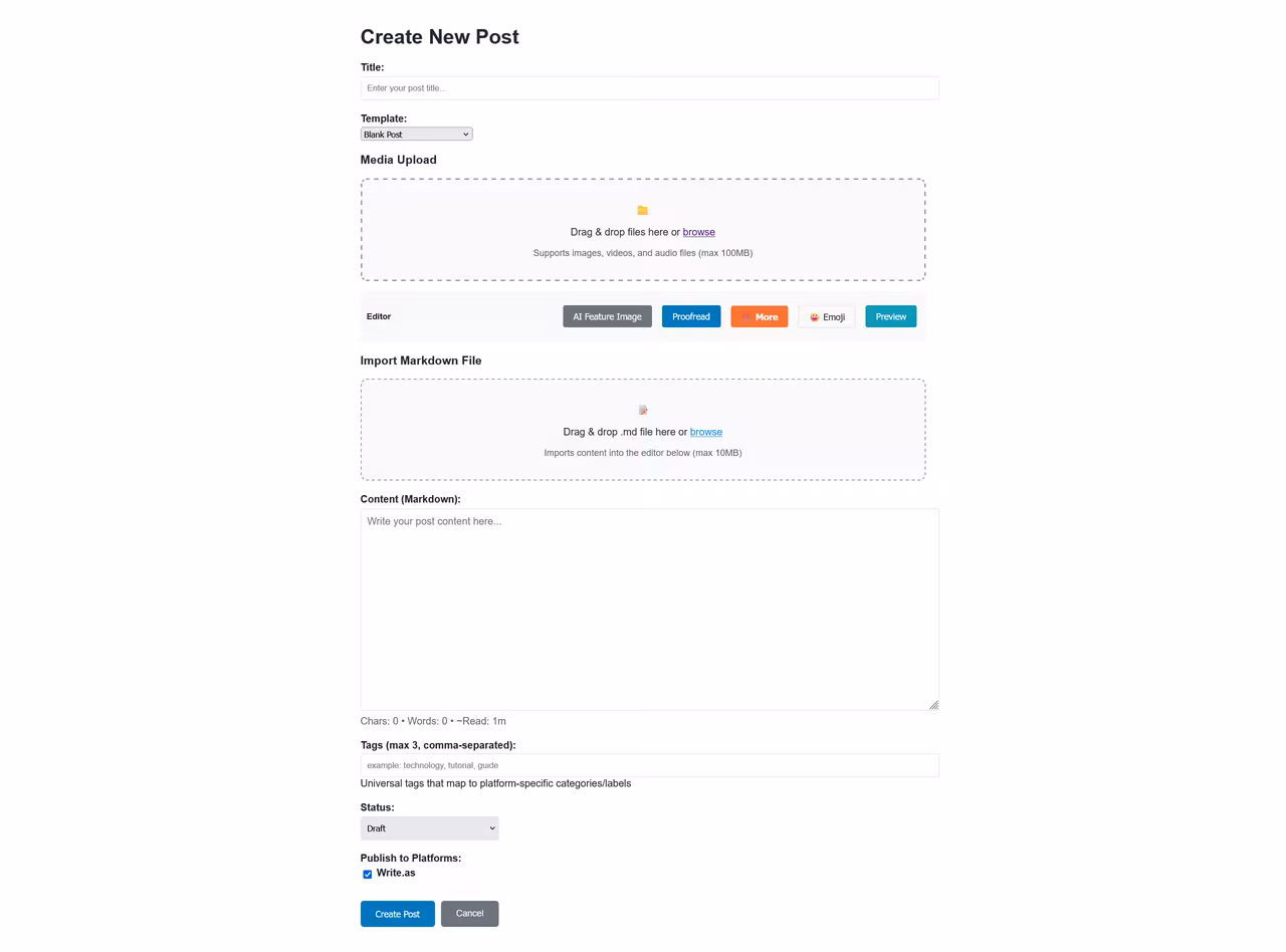 A screenshot of a user interface for creating a new blog post, featuring fields for title, template selection, media upload, markdown file import, content entry in markdown format, tags, status, and publishing options. The interface includes buttons for additional editing features like proofreading and preview.