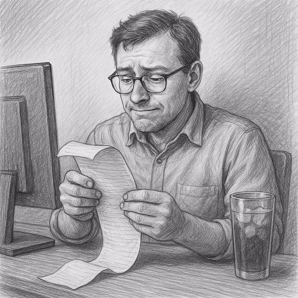  A detailed black and white pencil drawing of a man wearing glasses, sitting at a table with a desktop computer and a glass of iced tea in a Tervis tumbler, thoughtfully reviewing a long receipt. His expression is a mix of slight overwhelm and quiet satisfaction, reflecting the challenge and relief of trimming expenses.