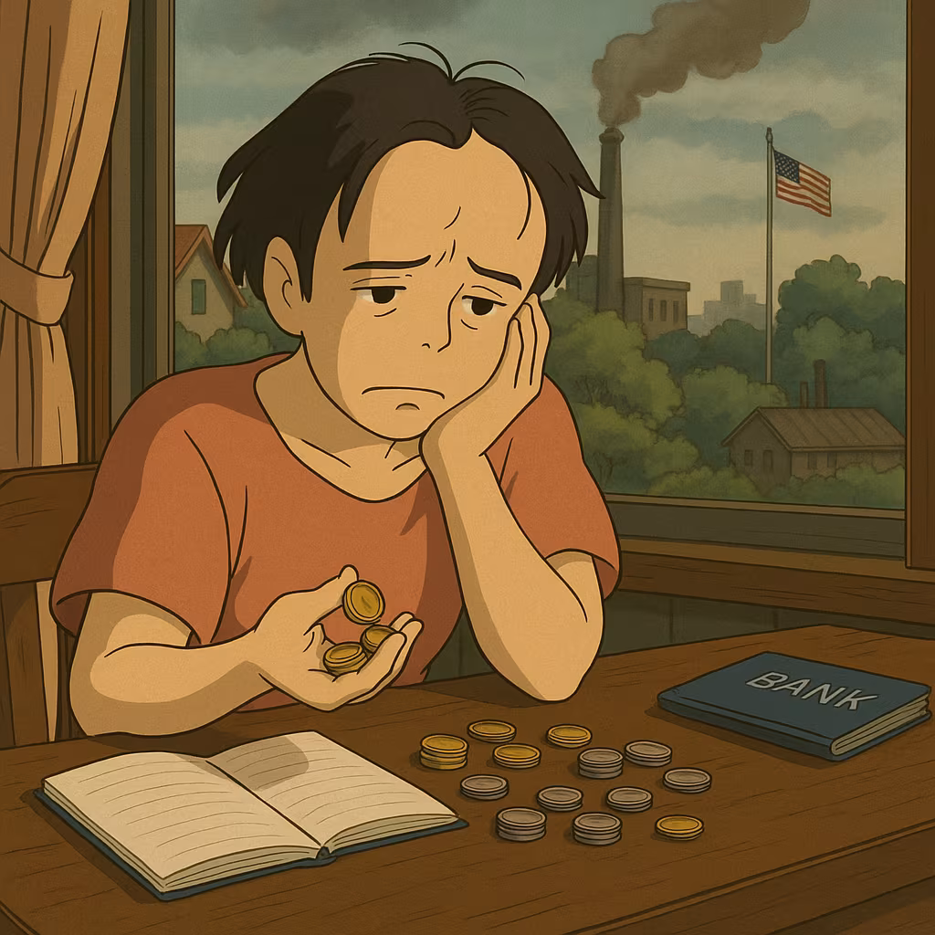 Studio Ghibli-style illustration of a person counting coins at a table