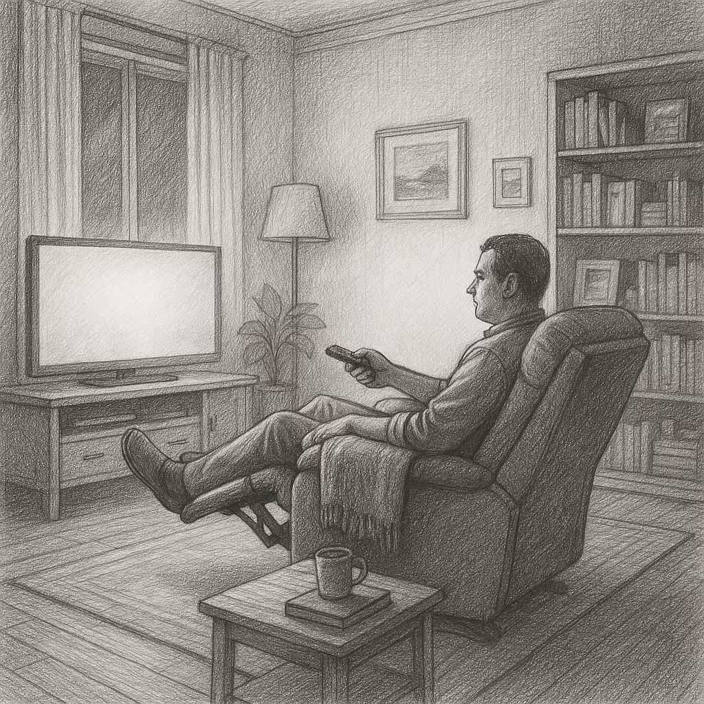 Black-and-white pencil drawing of a man reclining in an armchair watching a glowing TV, remote in hand, with a bookshelf, floor lamp, curtained window, and a mug on a small table.