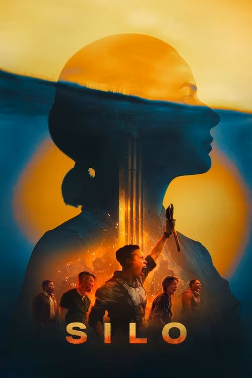 Promotional poster for the series "Silo" featuring a large silhouette of a woman's profile filled with various scenes and characters. The silhouette is set against a vibrant yellow and blue background, with the prominent title "SILO" at the bottom. The scenes inside the silhouette depict a group of people in various dramatic poses, suggesting intense narrative elements.