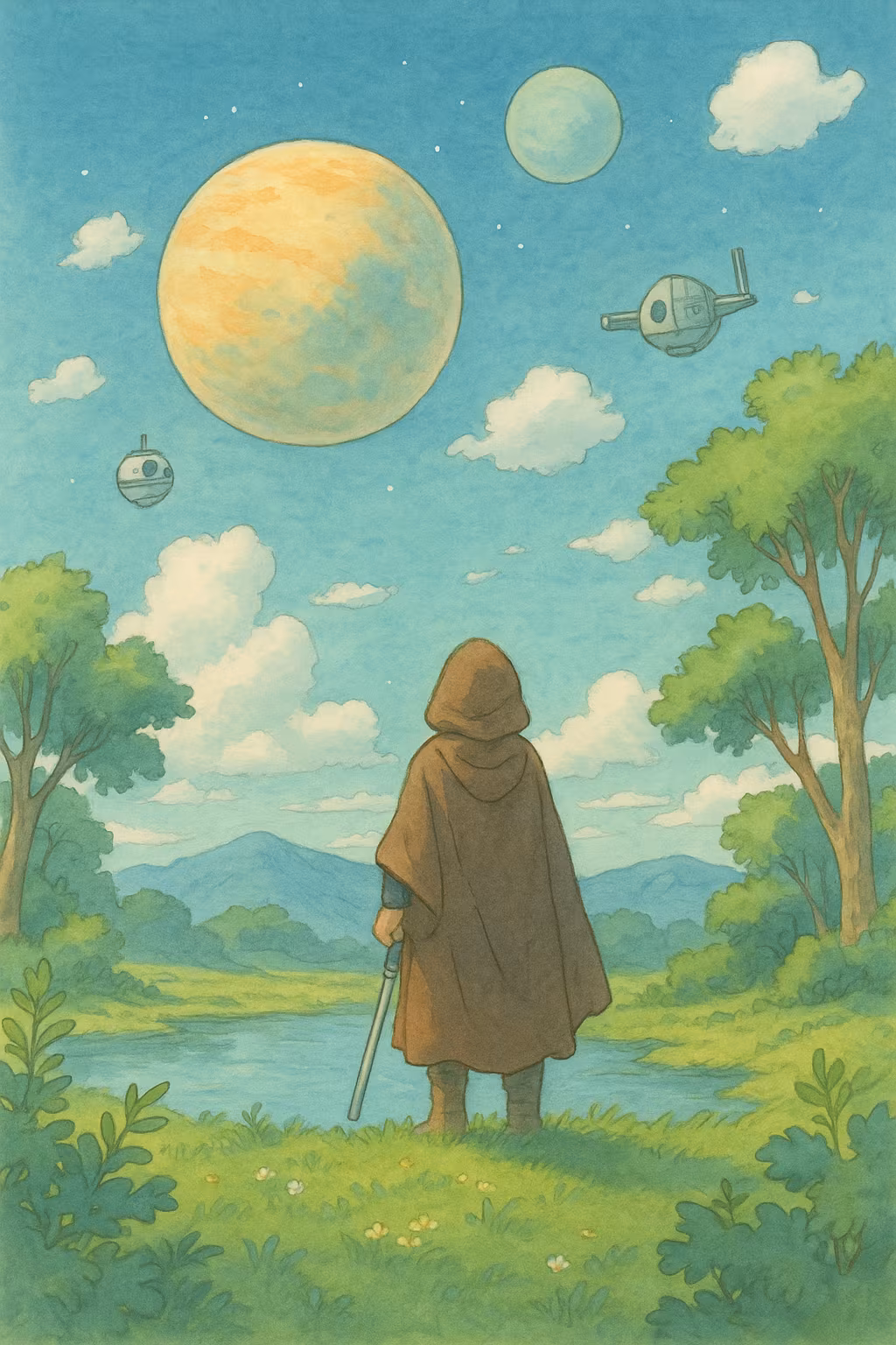 Hand-drawn anime-style illustration inspired by Studio Ghibli. A cloaked figure holding a staff stands on a grassy hill, overlooking a calm river beneath a bright blue sky. Two floating spherical droids hover nearby, and large, softly-painted planets hang in the sky. The landscape is lush with green trees, wildflowers, and distant mountains, creating a peaceful, dreamlike sci-fi setting.