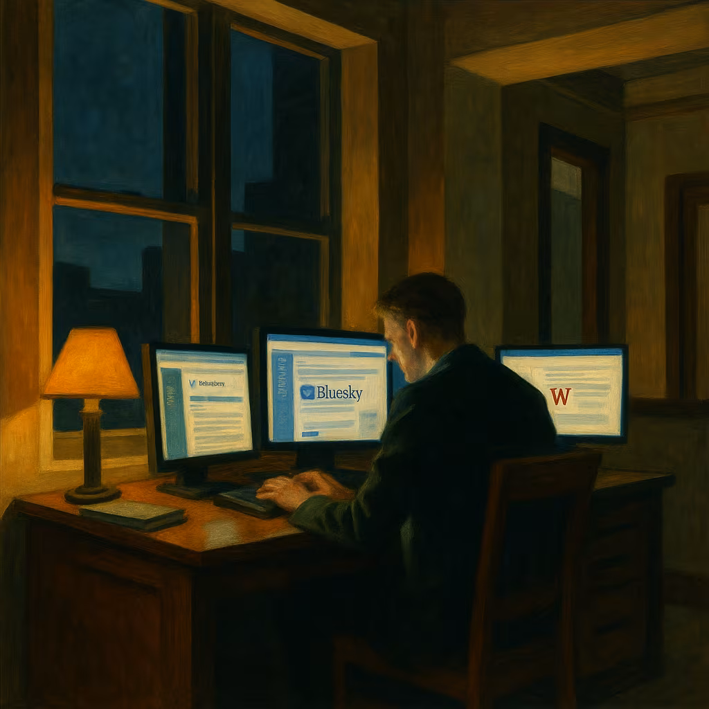 A man sits at a desk in a dimly lit room, working on a computer with three monitors displaying various web pages. The room has a warm ambiance with a lamp on the desk and a view of a cityscape through the window at night. The painting style is reminiscent of Edward Hopper, emphasizing solitude and the glow of screens in a dark room.