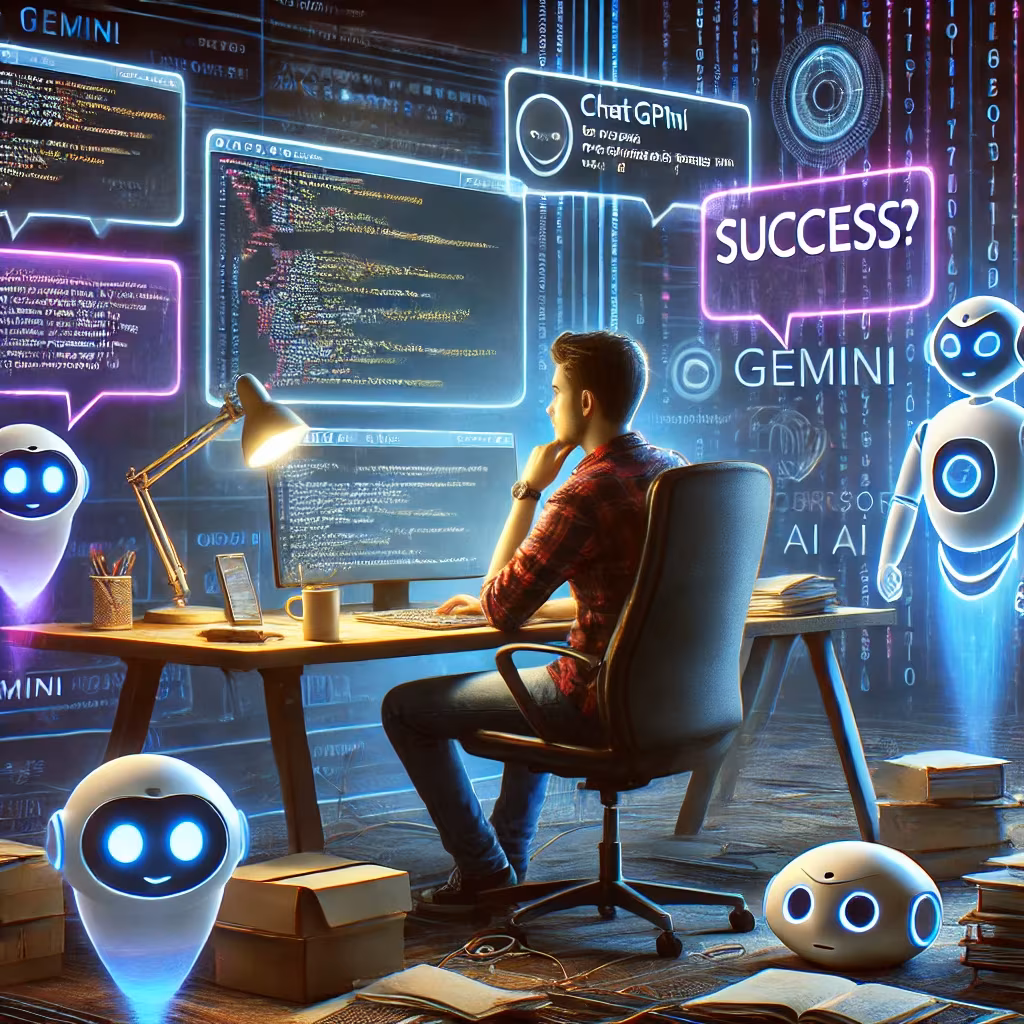 A determined programmer sitting at a cluttered desk with multiple screens showing lines of code and AI chatbot responses. Floating digital assistants