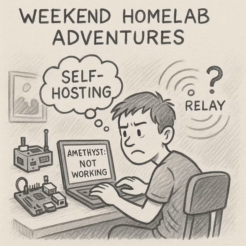 Hand-drawn, black-and-white sketch-style cartoon showing a frustrated person sitting at a desk with a Raspberry Pi and a laptop that displays the message "Amethyst: Not Working." A thought bubble reads "SELF-HOSTING" and a question mark floats next to the word "RELAY," indicating confusion. The title "Weekend HomeLab Adventures" is written above.