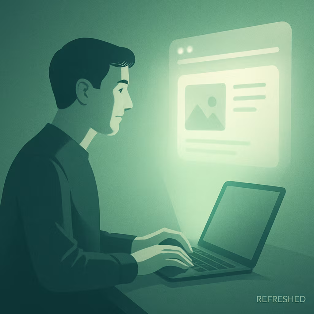 A stylized digital illustration of a man sitting at a desk, typing on a laptop. A soft green glow emanates from the screen, projecting a holographic website interface onto the wall in front of him. The atmosphere is calm and modern, evoking a sense of focused creativity and digital craftsmanship.