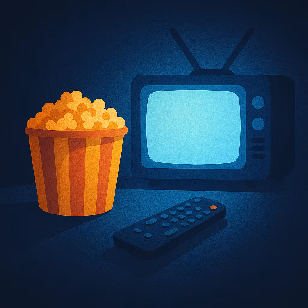 A cozy digital illustration of a retro TV glowing blue in a dark room, with a striped popcorn bucket and a remote control in the foreground. The scene evokes a nostalgic movie night atmosphere.