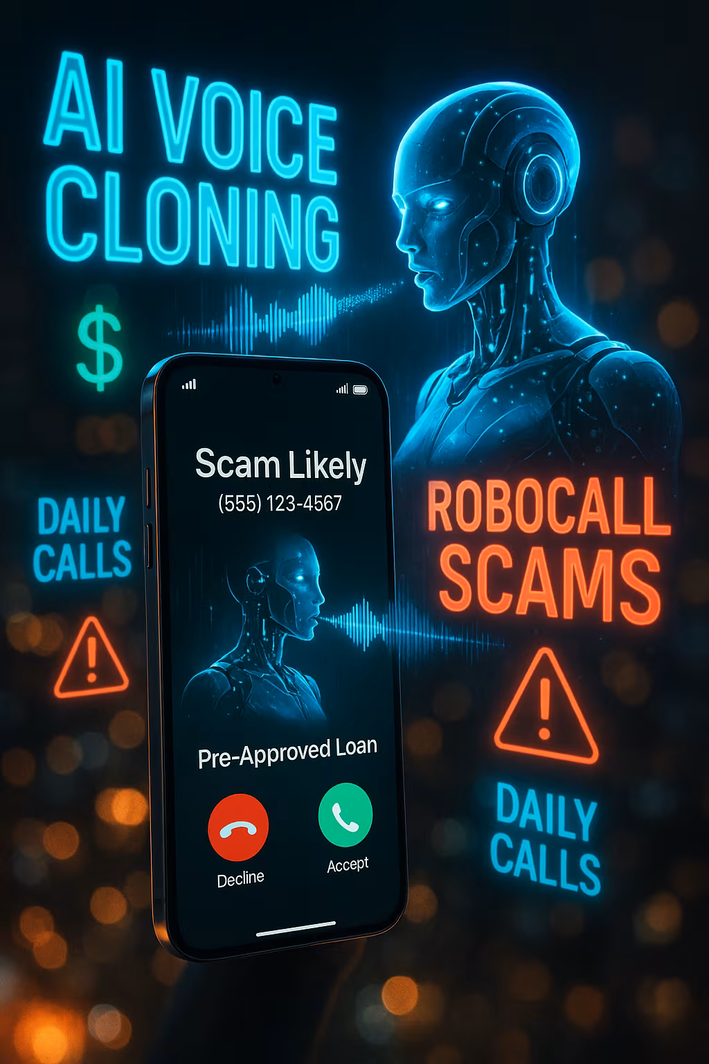 A futuristic image depicting the concept of AI voice cloning and robocall scams. The central focus is a smartphone displaying a scam alert for a pre-approved loan, with options to decline or accept the call. In the background, a neon-lit, robotic head symbolizes advanced technology, accompanied by glowing text that reads "AI Voice Cloning" and "Robocall Scams." Additional neon signs include symbols and texts like a dollar sign, warning signs, and phrases such as "Daily Calls." The overall mood is dark and cyberpunk, emphasizing the theme of technological threats in modern communication.