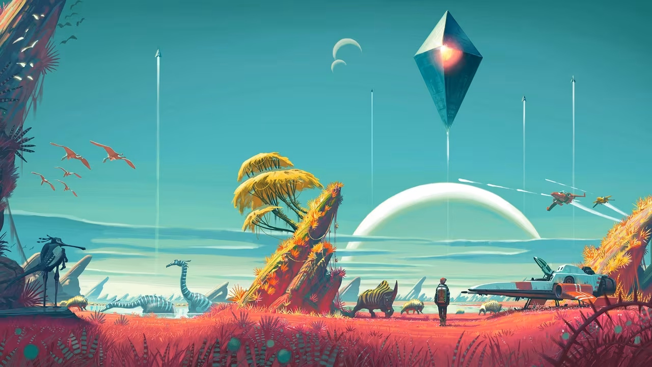 No Man's Sky Promotional image. Colorful alien landscape featuring a red and pink grass field, exotic plants, and various alien creatures including dinosaurs and flying animals. A humanoid figure stands near a spacecraft while several rockets and ships ascend into the sky. A large geometric monolith floats in the sky with a glowing center, and a giant ringed planet is visible in the background