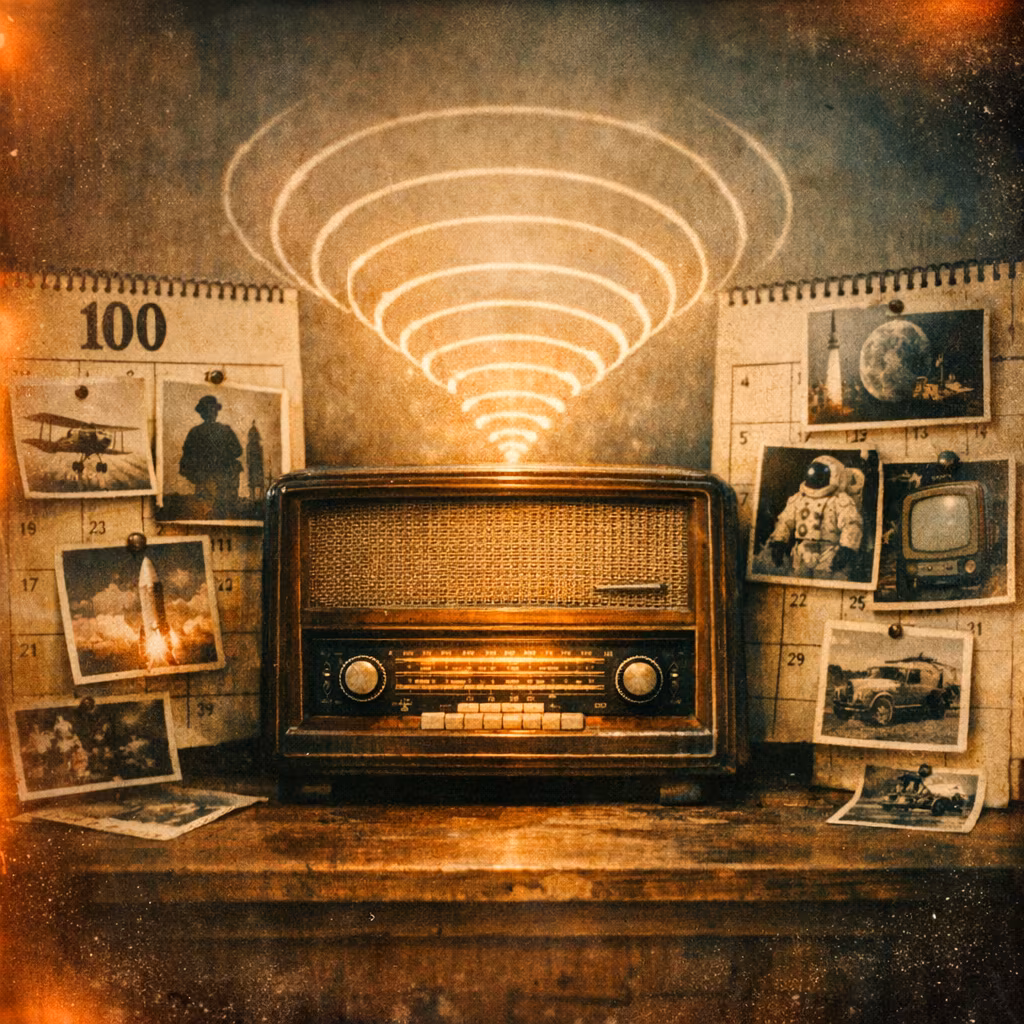 A vintage wooden radio sits centered on a wooden surface, glowing warmly from its illuminated tuning dial and buttons. Behind the radio, two spiral-bound calendars are pinned to the wall, each adorned with black-and-white and sepia-toned photographs. The left calendar features images of an early biplane, a silhouette of a man in a hat, and several rocket launches. The right calendar displays photos of an astronaut in a spacesuit, a rocket launch, the moon, an old television set, a vintage car, and a person working on a vehicle. Above the radio, concentric curved lines radiate upward, resembling radio waves or sound waves emanating from the device. The overall color palette is warm with sepia tones, giving the scene a nostalgic, retro atmosphere. The setting evokes themes of exploration, technology, and history.