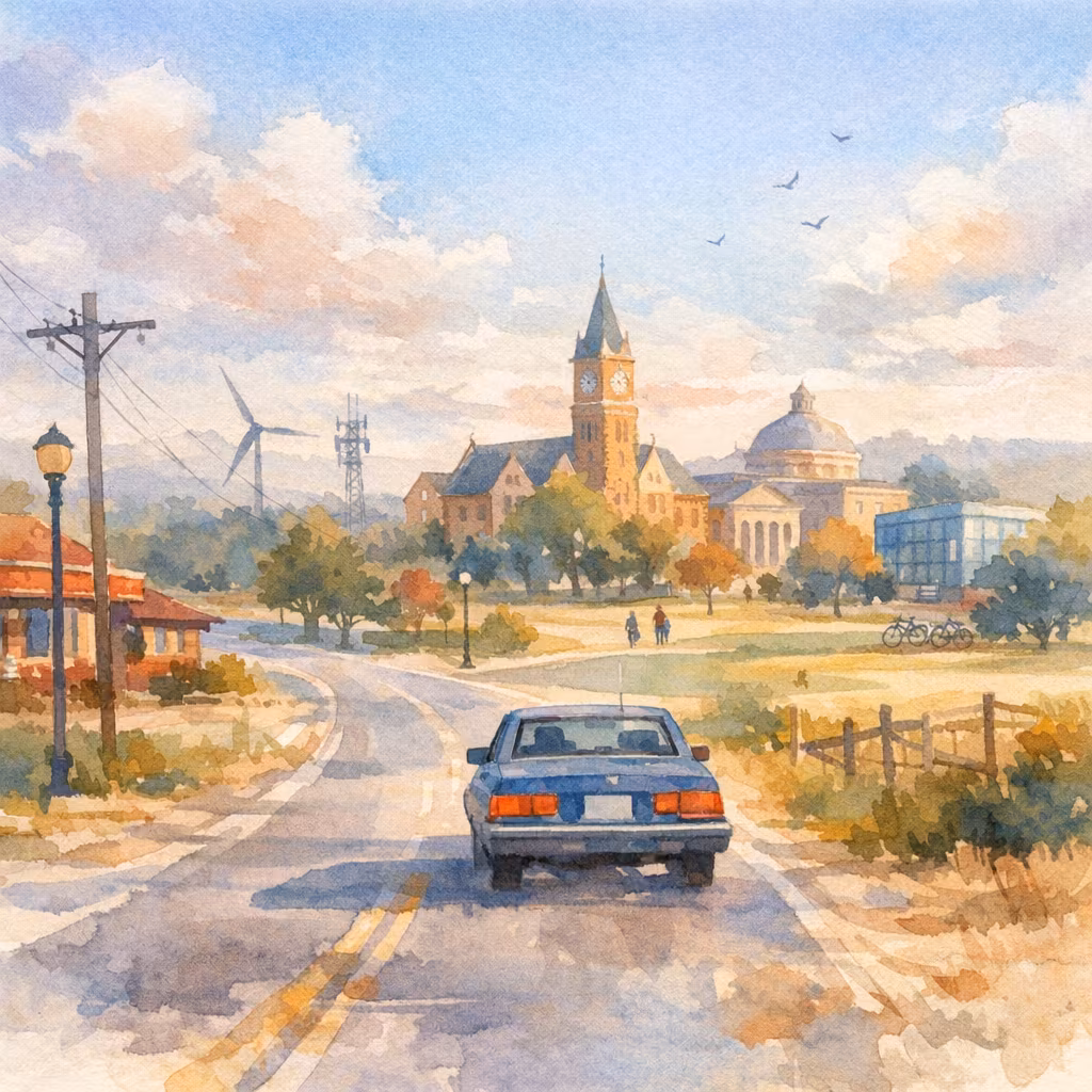 A watercolor painting depicts a serene rural scene with a blue car driving down a two-lane road toward a small town in the distance. The road curves gently to the left, flanked by grassy fields and scattered bushes. On the left side, there is a utility pole and a streetlamp near a red-roofed building partially visible. In the background, a prominent clock tower with a pointed roof stands among other historic buildings, including one with a large dome and columns. To the right, a modern glass building and a few bicycles parked near trees are visible. The sky is bright with soft, fluffy clouds and a few birds flying. Two people walk along a path near the town, adding a peaceful, community feel to the scene. The overall atmosphere is calm and picturesque.