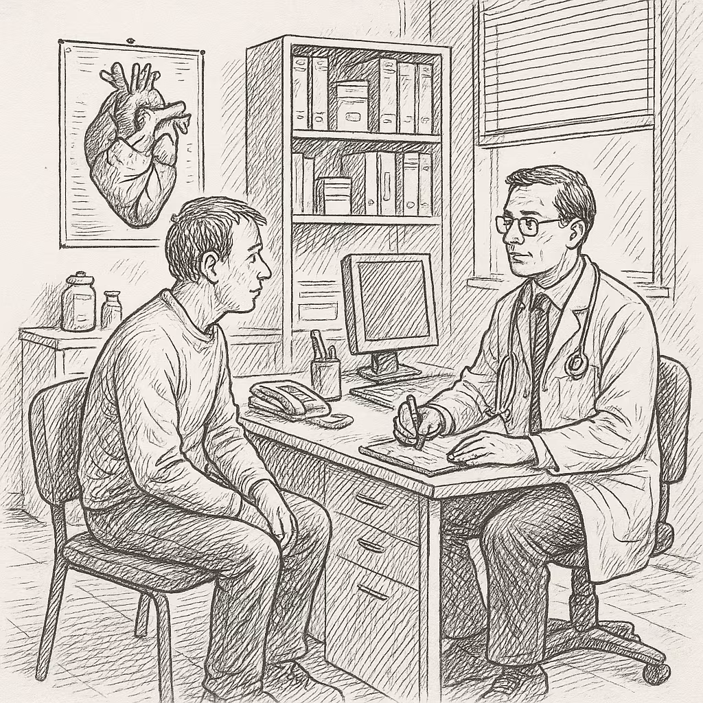 Black-and-white hand-drawn illustration of a doctor’s office, showing a doctor with a stethoscope seated at a desk, attentively listening to a male patient. The office includes a computer, medical supplies, bookshelves, and an anatomical heart chart on the wall, all rendered in detailed pen-and-ink linework with subtle cross-hatching.
