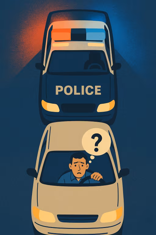  Illustration of a driver looking confused as a police car follows with steady red and blue lights.