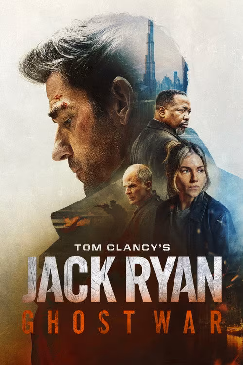 A promotional poster for "Tom Clancy's Jack Ryan: Ghost War" features a large profile of a serious-looking man with short, dark hair and a small cut on his forehead, facing left. Inside the silhouette of his head is a city skyline with a tall skyscraper, likely the Burj Khalifa, indicating a Middle Eastern setting. In front of the profile are three other characters: a middle-aged man with a stern expression and short hair, a woman with blonde hair tied back wearing a dark jacket, and a man with a goatee and mustache wearing a dark jacket, looking off to the right. Below them, there is a faint image of a soldier aiming a rifle amidst smoke and fire, suggesting military action. The title text is prominently displayed at the bottom: "TOM CLANCY'S" in small white letters, "JACK RYAN" in large, bold, white letters, and "GHOST WAR" in smaller, bold, orange letters. The overall color scheme is muted with shades of brown, gray, and blue, conveying a tense, dramatic atmosphere.