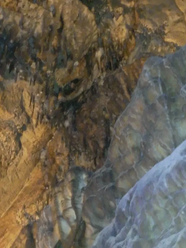 Golden-brown limestone formations along the cave wall