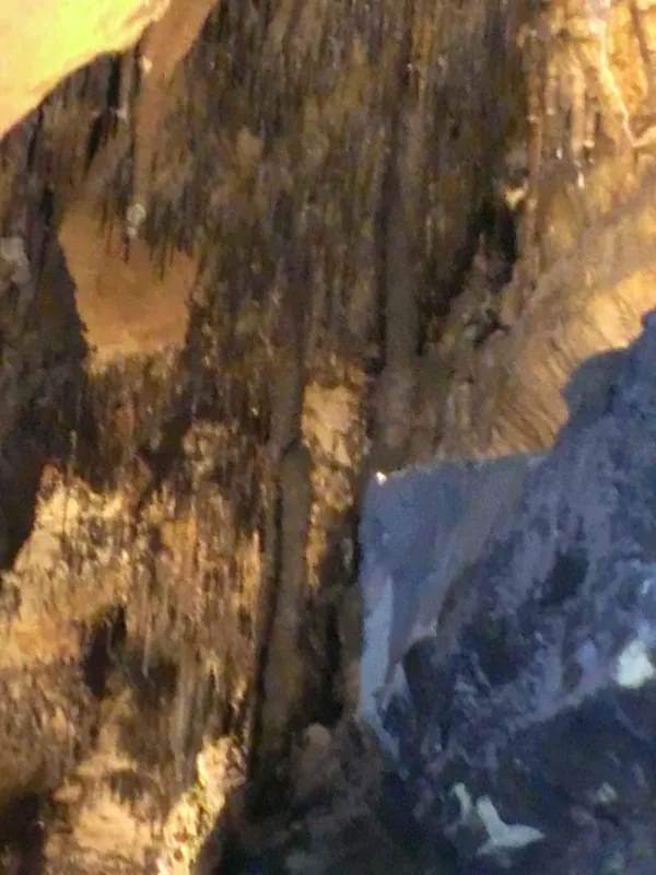 Stalactites hanging from the ceiling above a blue-lit cave floor