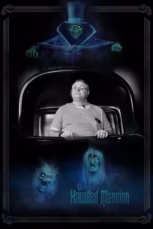 Stylized Haunted Mansion photo with the Hat Box Ghost looming overhead and floating ghost heads below