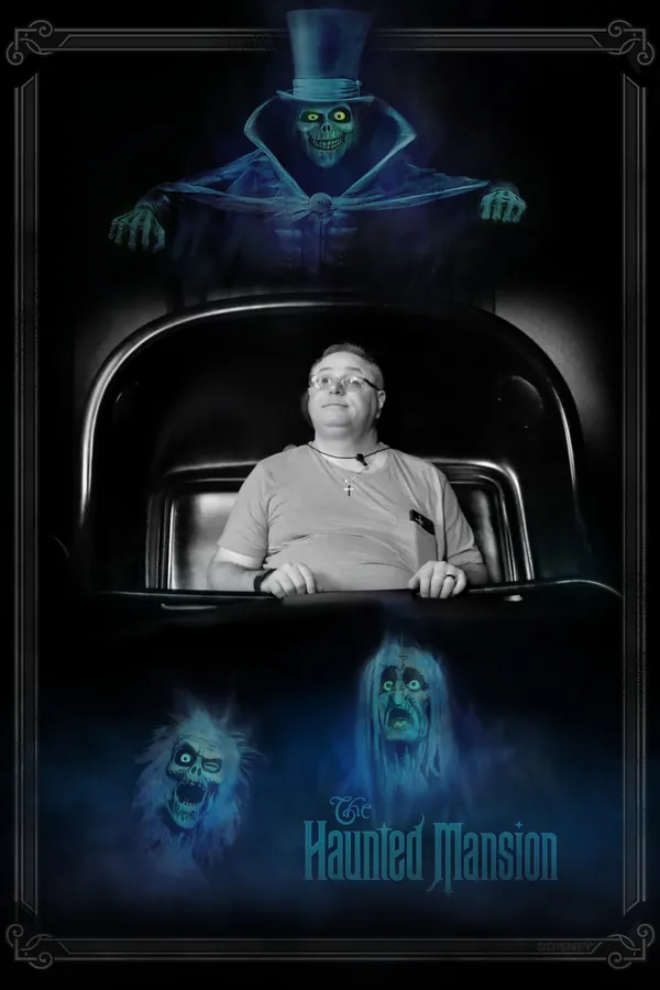 Stylized Haunted Mansion photo with the Hat Box Ghost looming overhead and floating ghost heads below