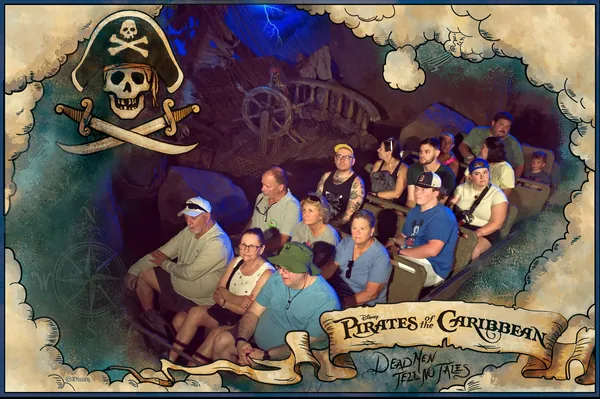 Official Pirates of the Caribbean ride photo, boat of riders in the stormy cave scene