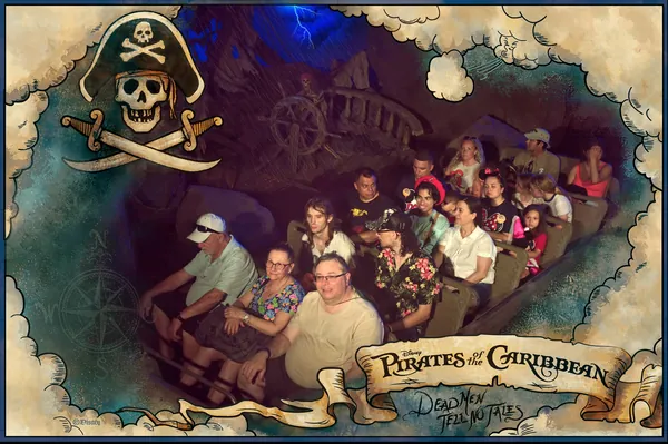 Official Pirates of the Caribbean ride photo, family in the boat during the stormy scene