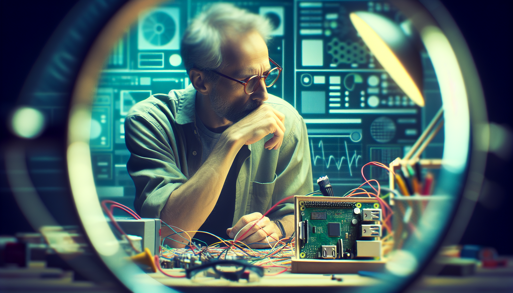 A middle-aged man with a beard and glasses is deeply focused while working on an electronic circuit board in a high-tech lab environment. The view is framed as if seen through a circular lens, highlighting the intricate details of the circuitry and the thoughtful expression of the man. The background features futuristic digital displays and diagrams, enhancing the scene's innovative and technical atmosphere.