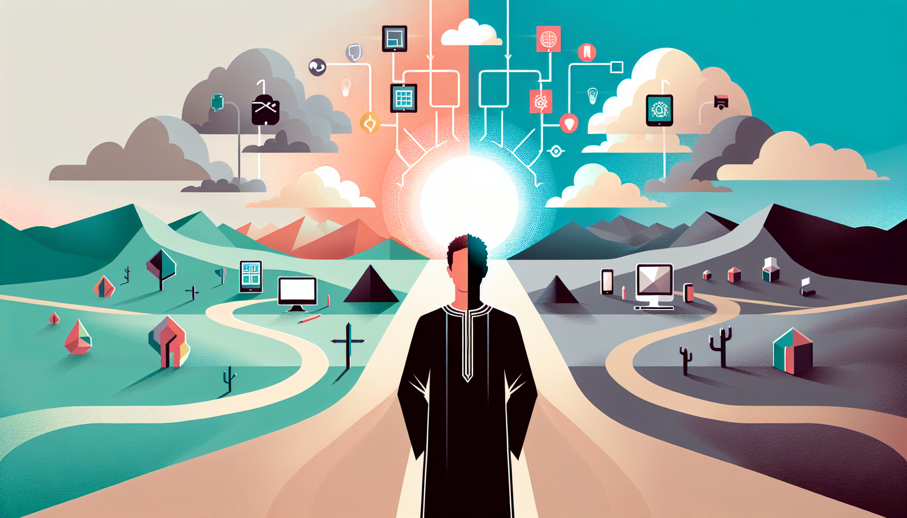 Illustration of a person standing in a stylized landscape with mountains, roads, and various technology icons connected by lines, symbolizing a network. The scene includes elements like clouds, sun, and small houses, depicting a blend of nature and digital technology.