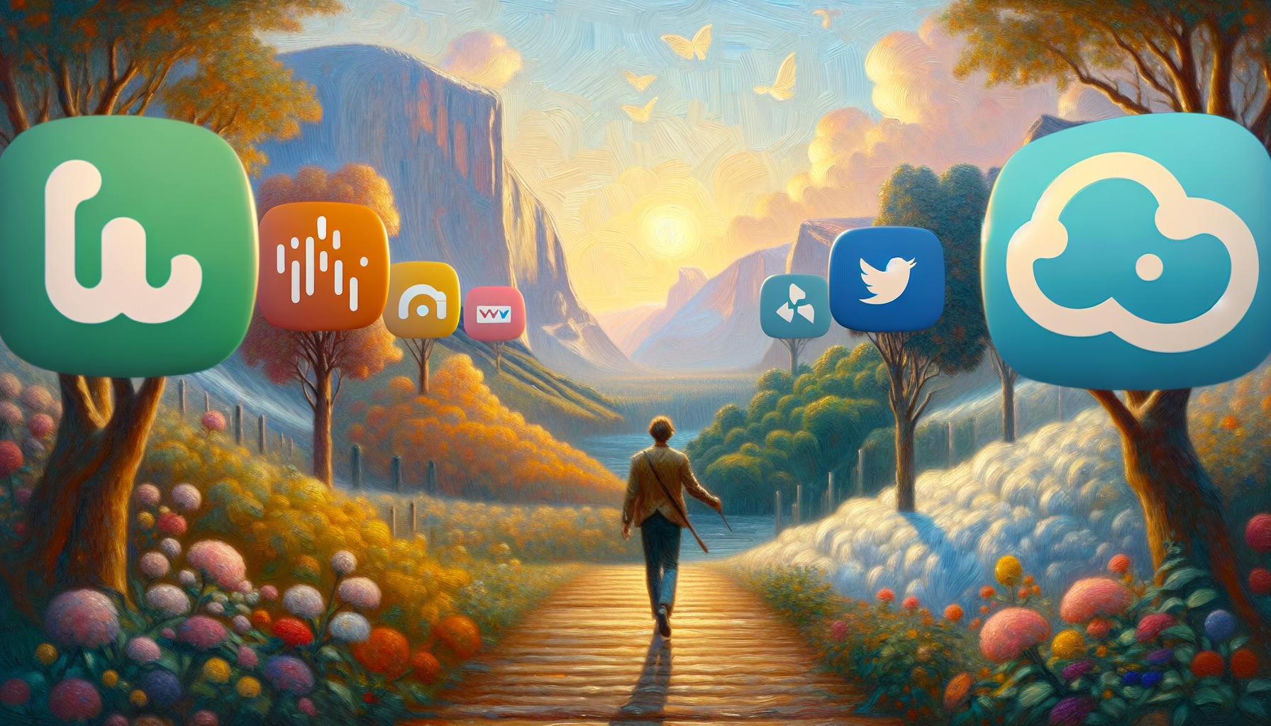 A digital painting of a person walking down a sunlit path through a vibrant, colorful valley filled with flowers and trees. The trees have large, floating app icons instead of leaves, including icons resembling Twitter and other social media or tech platforms. The scene is bathed in warm, golden light with a dreamy, painterly texture, and butterflies flutter in the sky near the glowing sun.