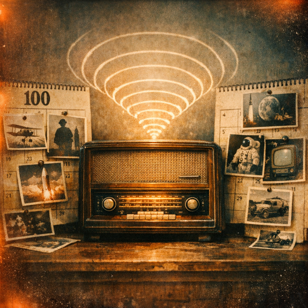 A vintage wooden radio sits centered on a wooden surface, glowing warmly from its illuminated tuning dial and buttons. Behind the radio, two spiral-bound calendars are pinned to the wall, each adorned with black-and-white and sepia-toned photographs. The left calendar features images of an early biplane, a silhouette of a man in a hat, and several rocket launches. The right calendar displays photos of an astronaut in a spacesuit, a rocket launch, the moon, an old television set, a vintage car, and a person working on a vehicle. Above the radio, concentric curved lines radiate upward, resembling radio waves or sound waves emanating from the device. The overall color palette is warm with sepia tones, giving the scene a nostalgic, retro atmosphere. The setting evokes themes of exploration, technology, and history.